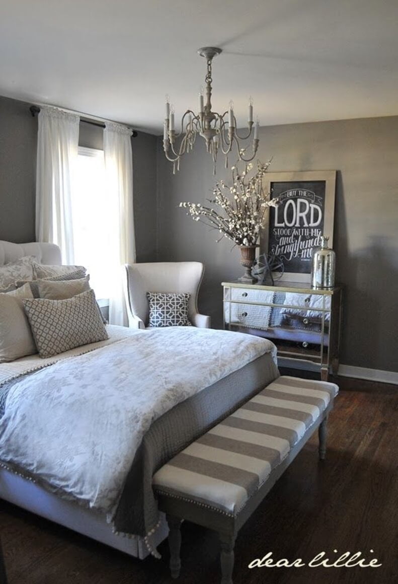 A Rustic Interplay of Sheer White, Delicate Grey, and Weathered Wood Bedroom