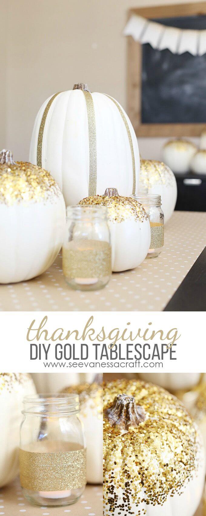 Glitter and Gold Centerpiece Featuring Pumpkins