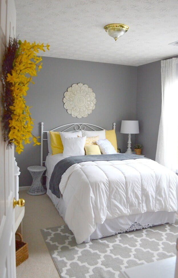 Bursts of Yellow Provide Warm Energy in these Soft Grey Bedroom
