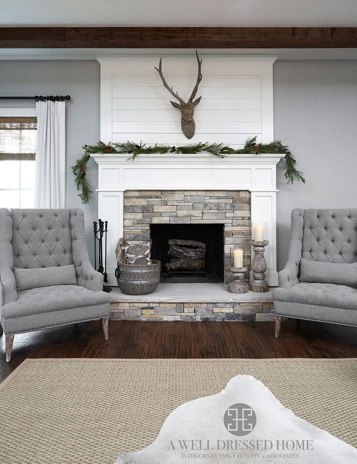 Transitional Stone and White Wood Fireplace