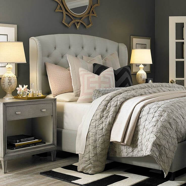 Patterns and Textures Provide Soft Contrasts in a Dramatic Grey Bedroom