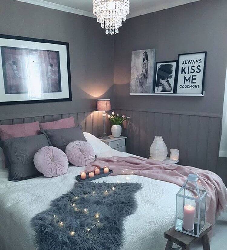 Delicate Lighting and Dusty Pinks Feminize this Grey Bedroom