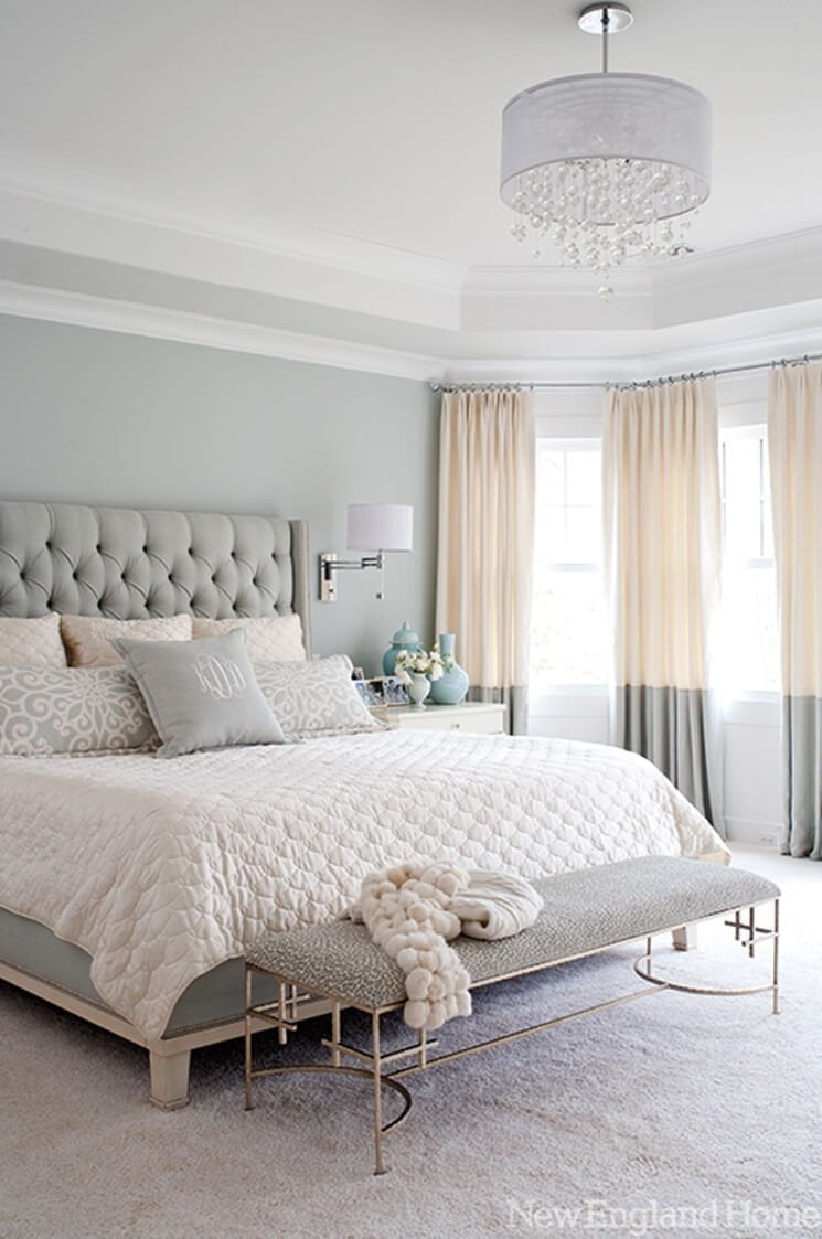 Luxe, Feminine Decor and Furniture Heighten this Soft Grey Bedroom