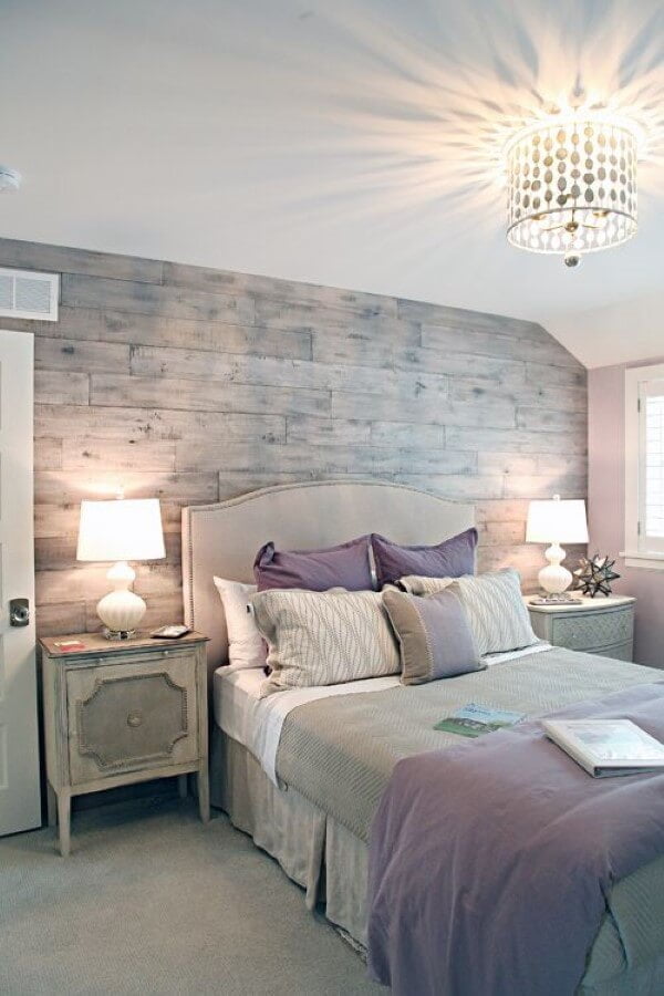 Textures and Soft Lavender Color Pops Set the Mood in this Grey Bedroom