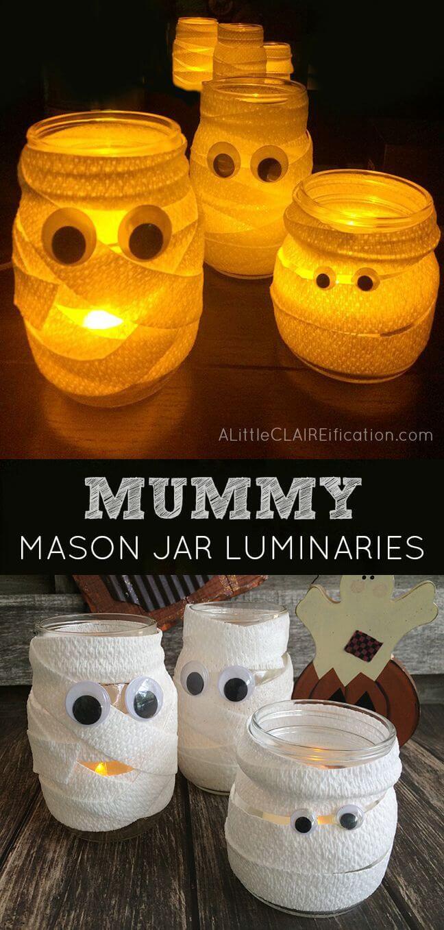 Googly-Eyed Mummy Mason Jar Luminaries