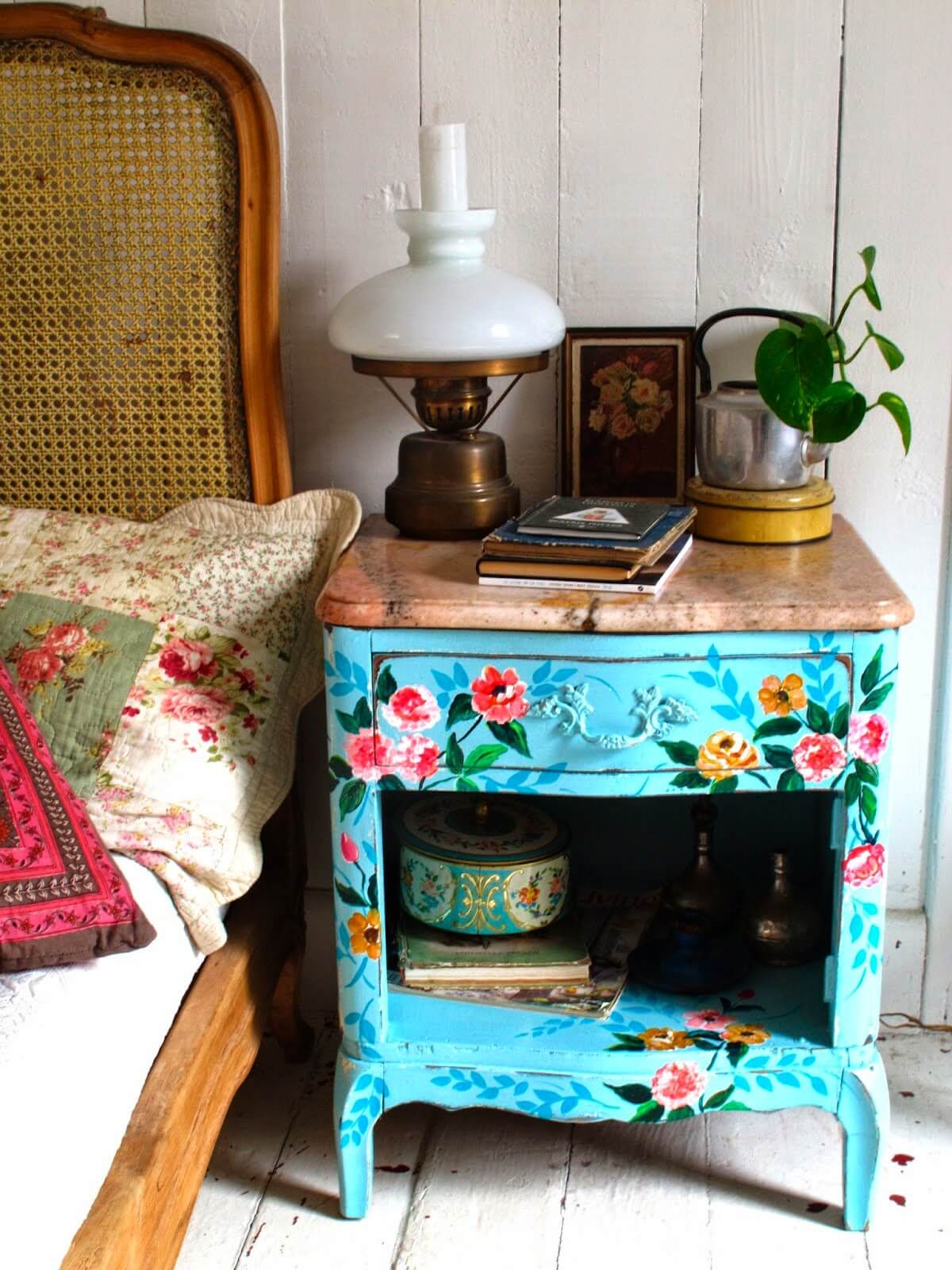 Aqua Blue Nightstand with Brilliant Florals