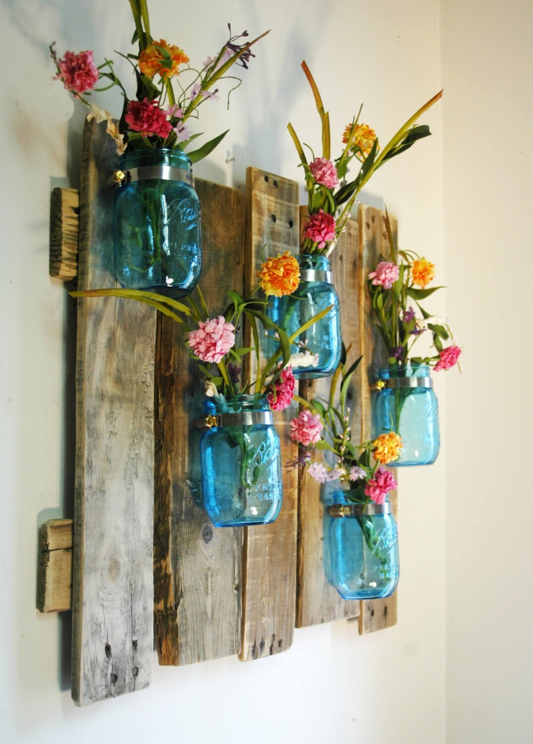 Weathered Wood Blue Mason Jar Flower Holder