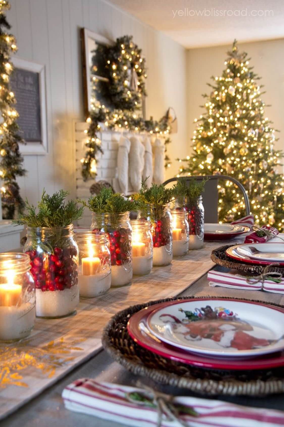 Cranberry and Pine Mason Jar Centerpiece