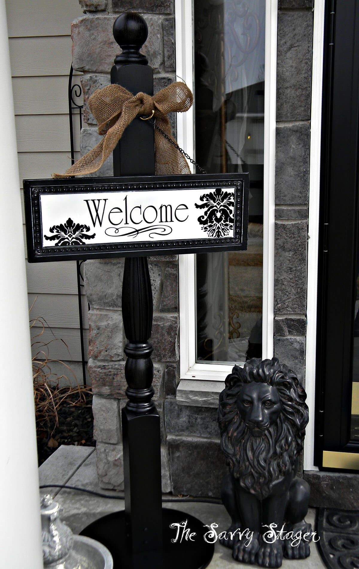 Baroque-Style Wood Post and Hanging Welcome Sign