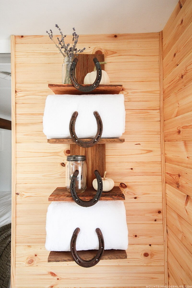 Horseshoe and Wood Shelving Unit