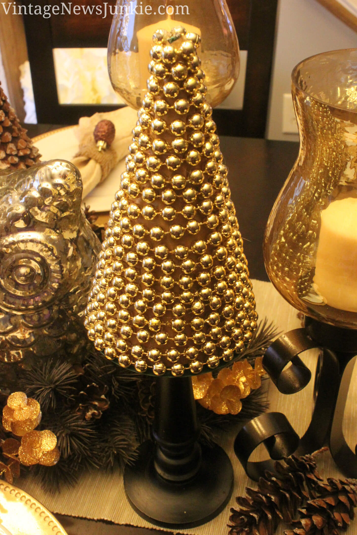 Gold Bead Pedestal Tree Accent