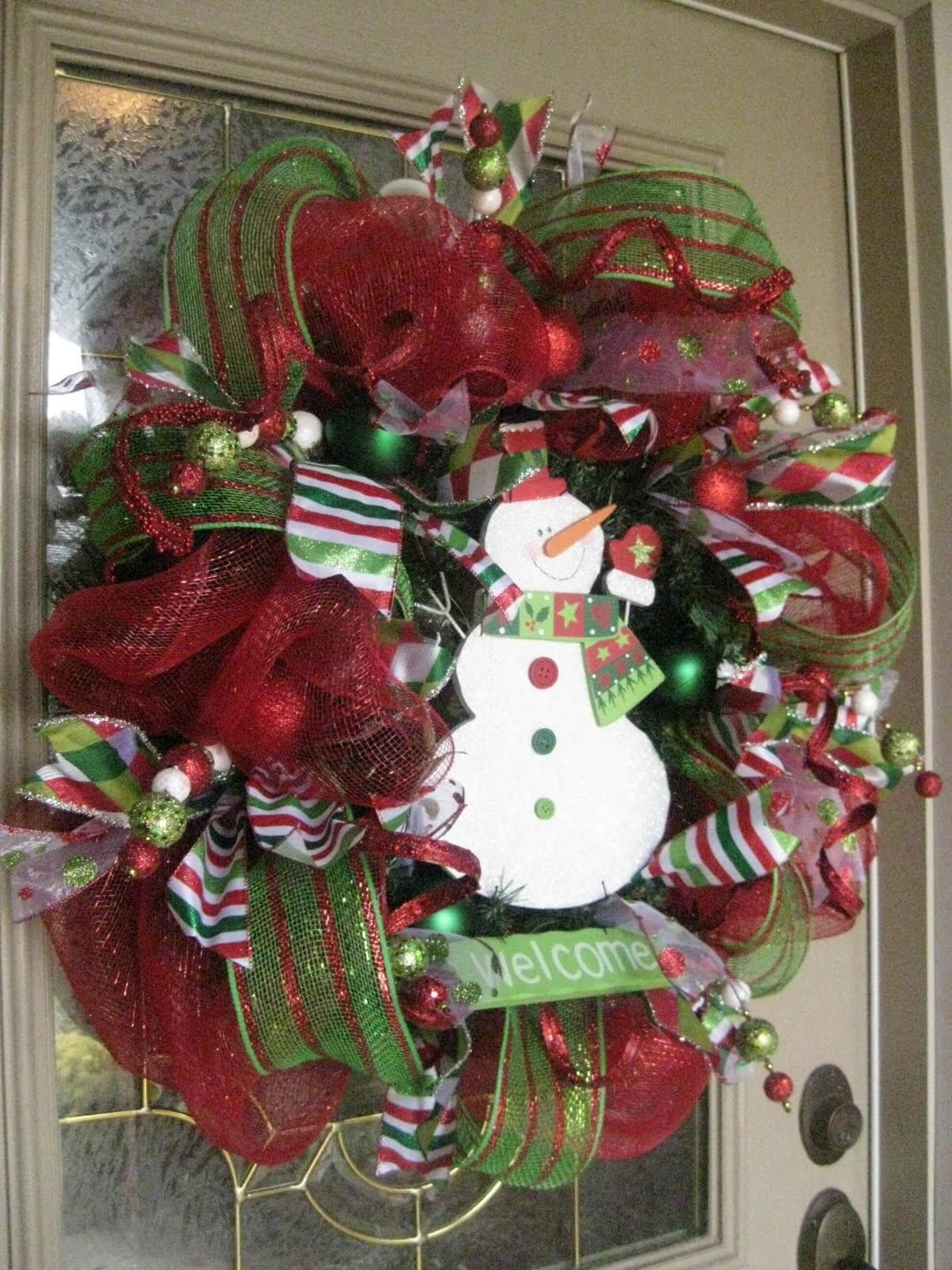 Christmas Bow Front Door Wreath and Snowman