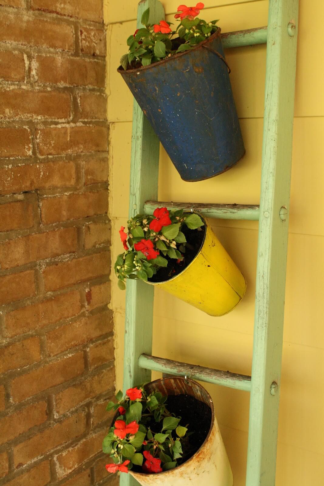 Old Aqua Blue Ladder Plant Rack