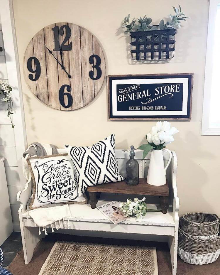 Church Bench, Barrel Clock and Wicker Basket