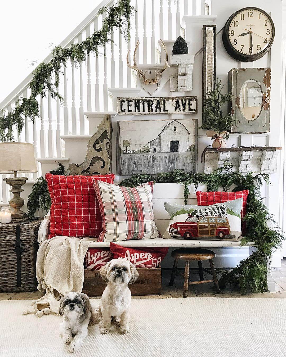 Bench Clad in Red Plaid and Garland