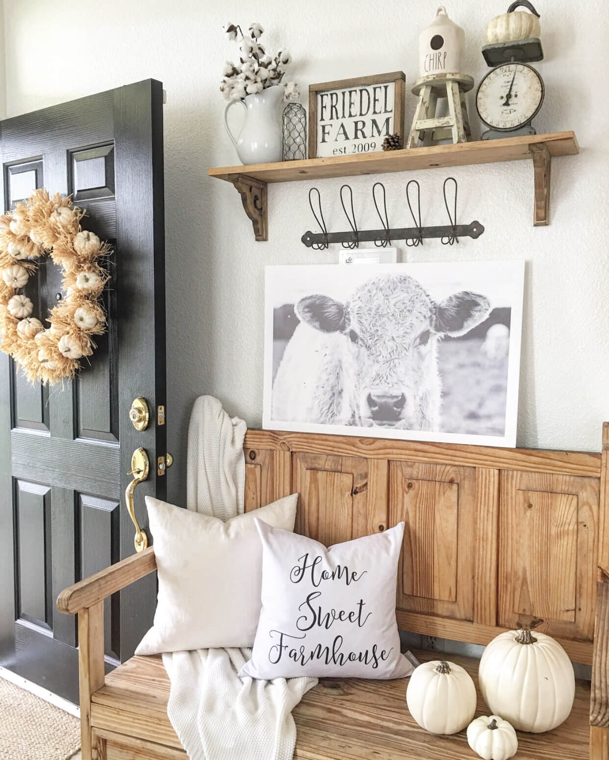 Oak Bench, White Pumpkins, and Cow Prints