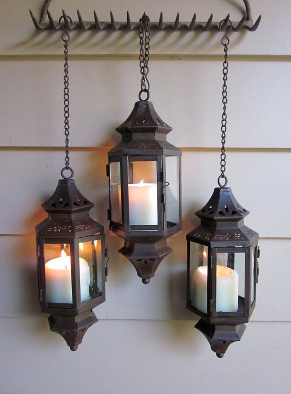 Three Pierced Lanterns on a Rake Hanger