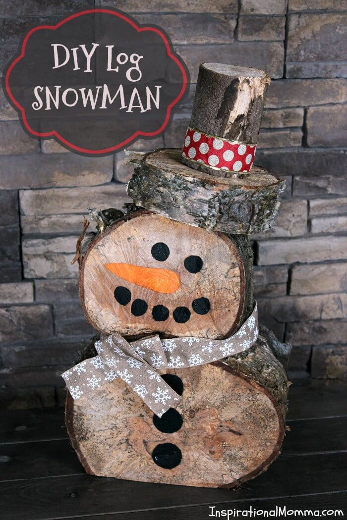 Hand Cut Wood Log Snowman