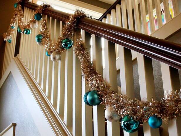 Gold and Green Ornament Stair Garland