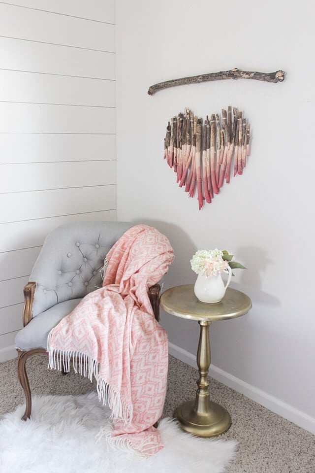 Dip Dyed Wooden Stick Heart Hanging