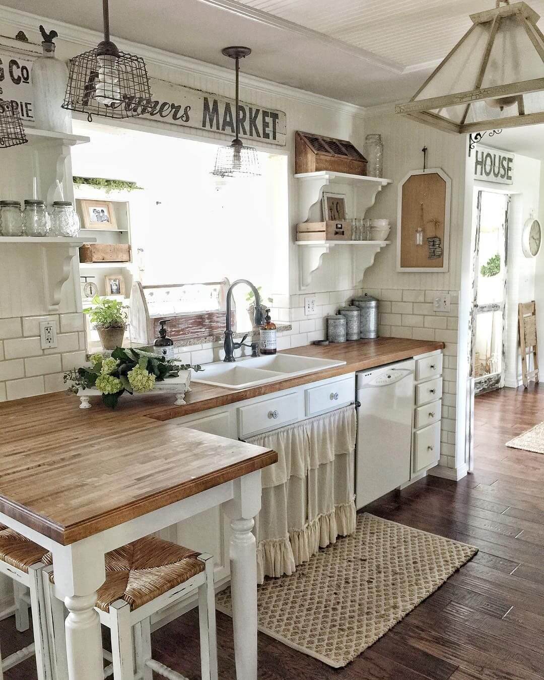 Lightly Rustic Off-White Farmhouse Kitchen Cabinets