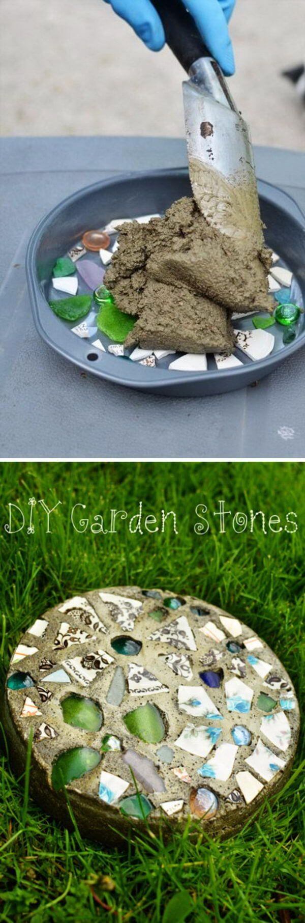 Ornate Garden Stepping Stone Concrete and Glass