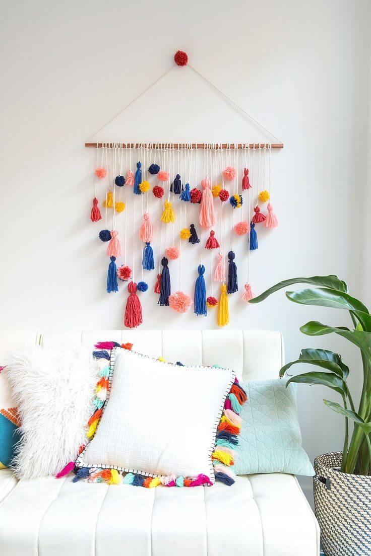 Colorful Tassel Twig and String Wall Hanging