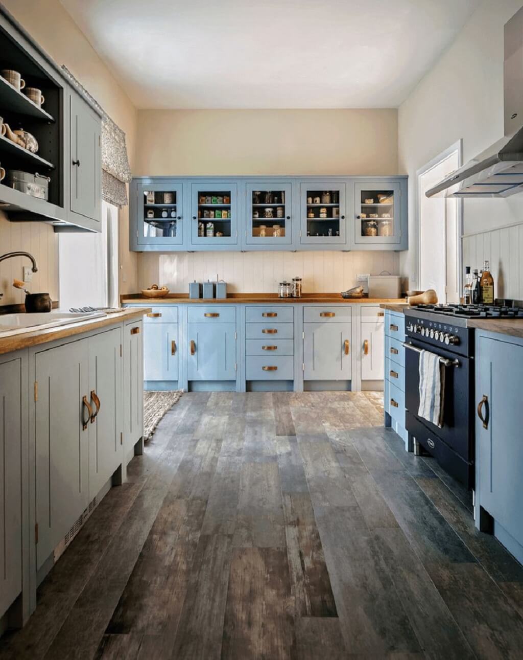 Blue Rustic Cabinets with Top Open Face