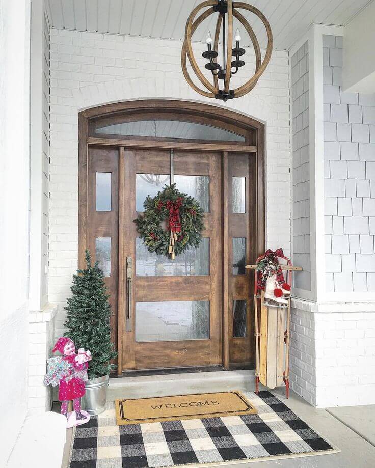 Wooden Front Door With Christmas Trees