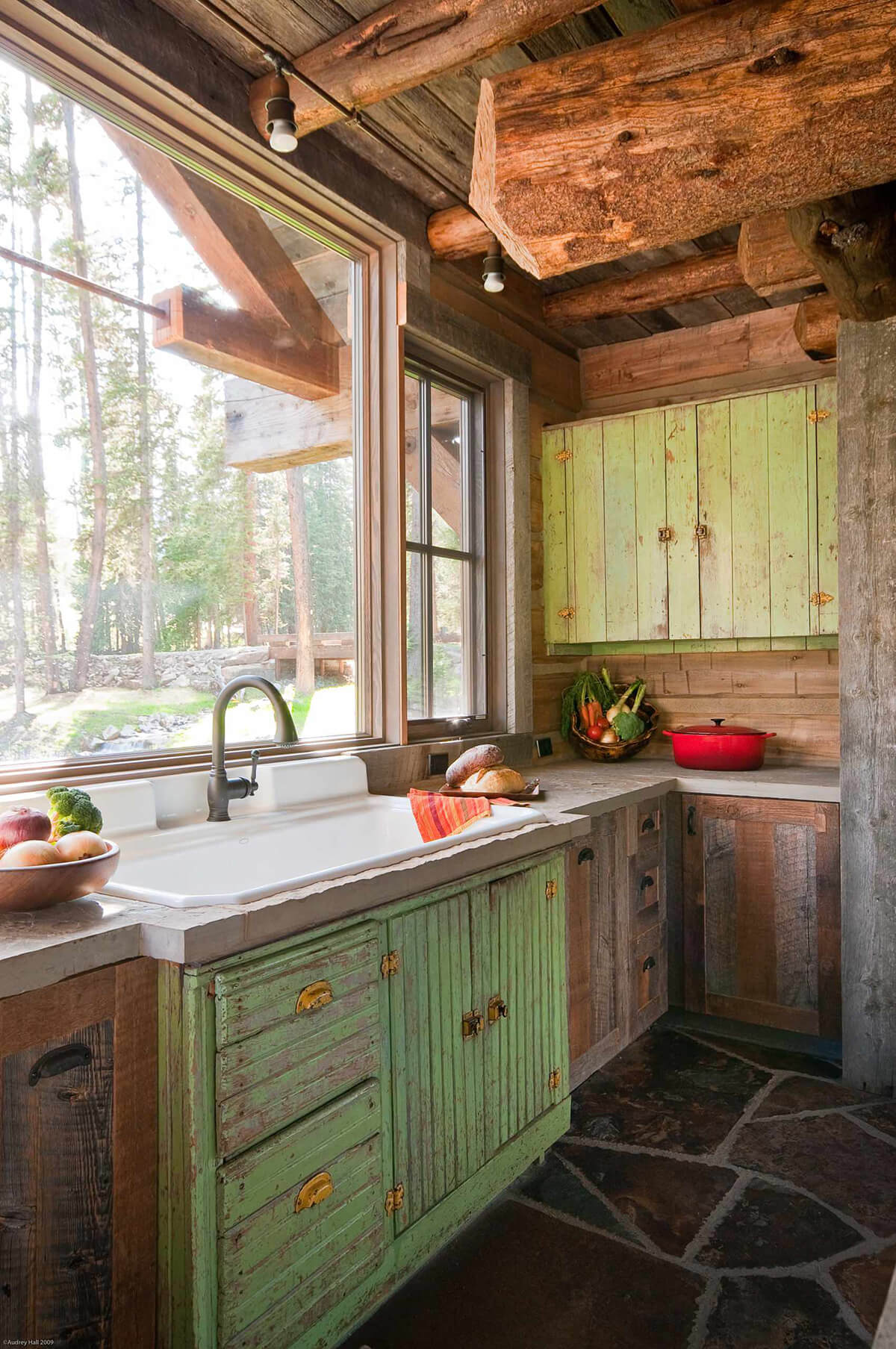 Woodland Distressed Green and Raw Wood Cabinets