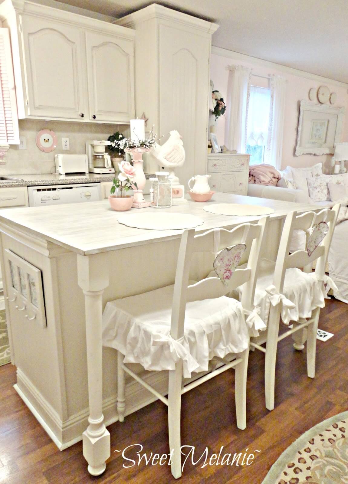 Cream Colored Cabinets and Ruffled Seat Covers