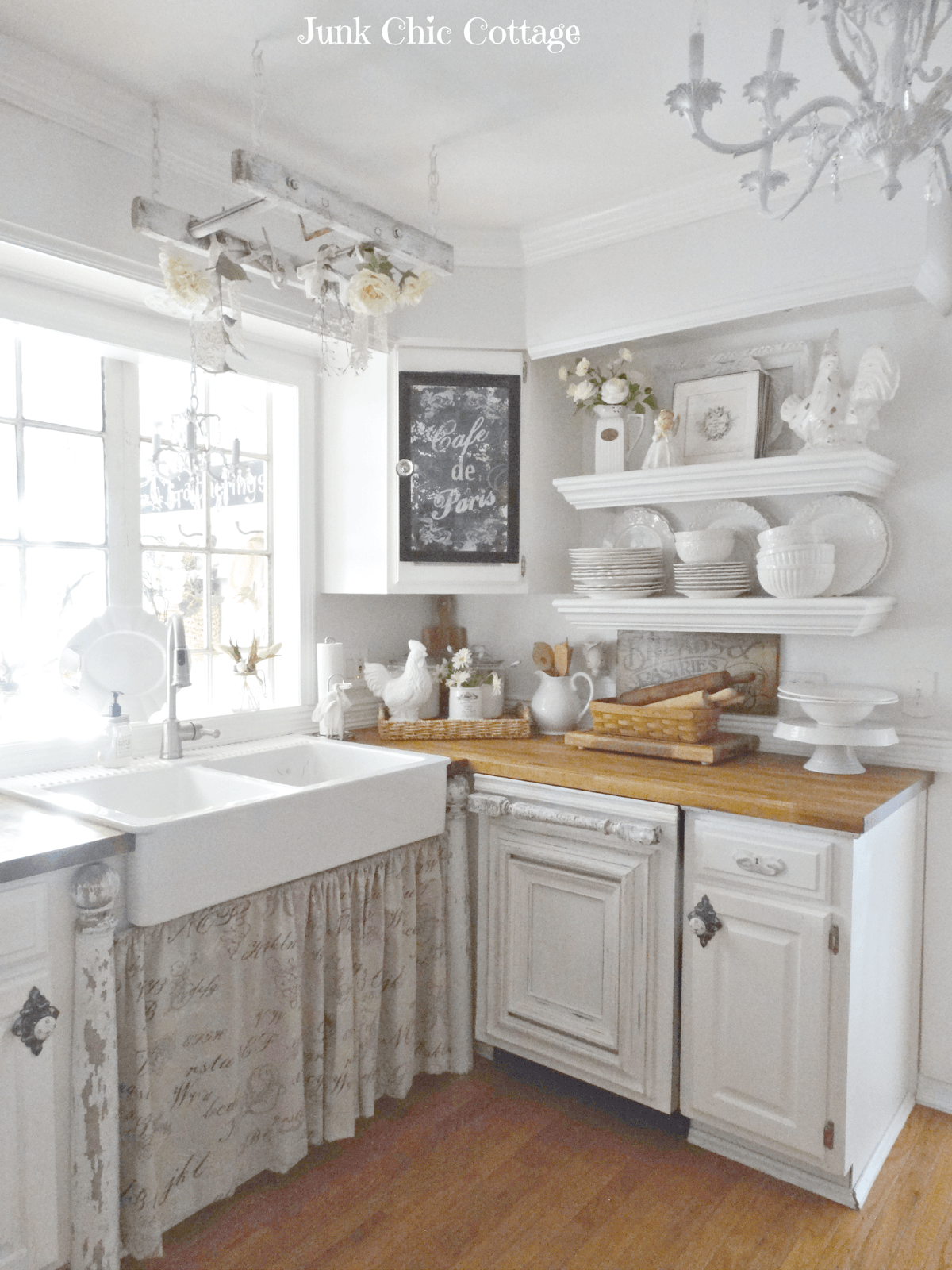 Distressed White Cabinets and Floating Shelves