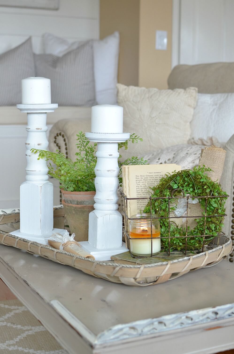 Basket Tray with Greenery and Candles