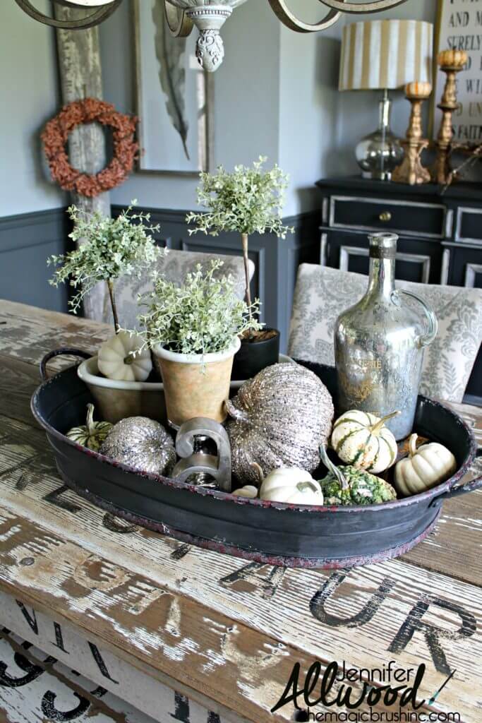 Metal Basin with Glitzy Pumpkins and Topiaries