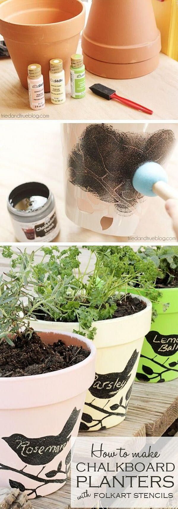 Pretty Chalkboard Stenciled Bird Planters