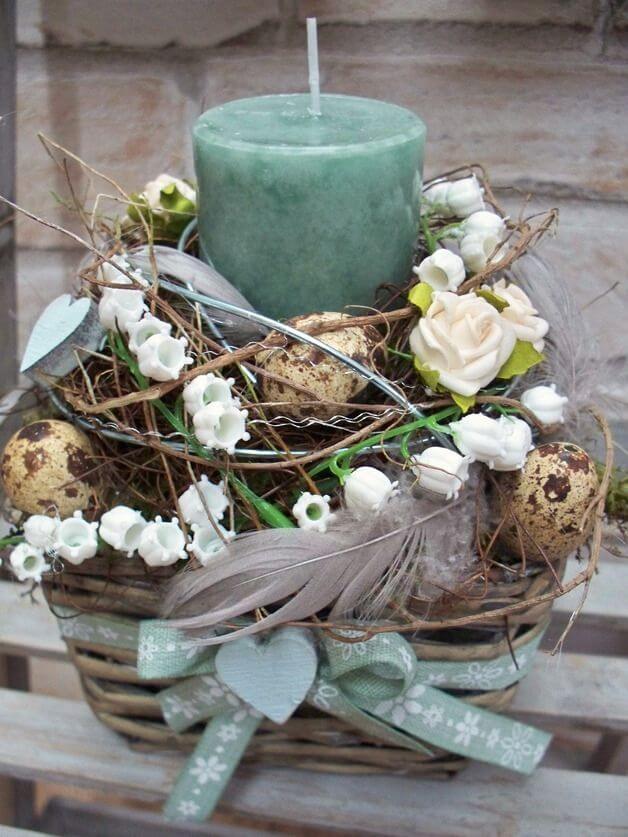 Eggs, Flowers, and Candle in Easter Basket