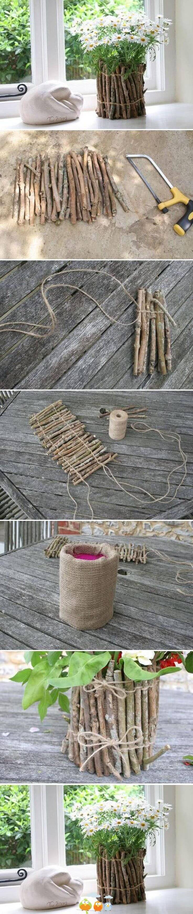 Burlap Lined Natural Stick Planter