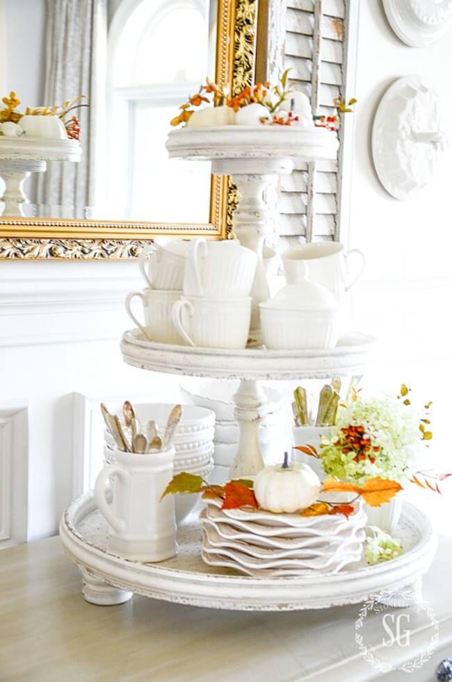 Antiqued White 3-tiered Tea China Tray