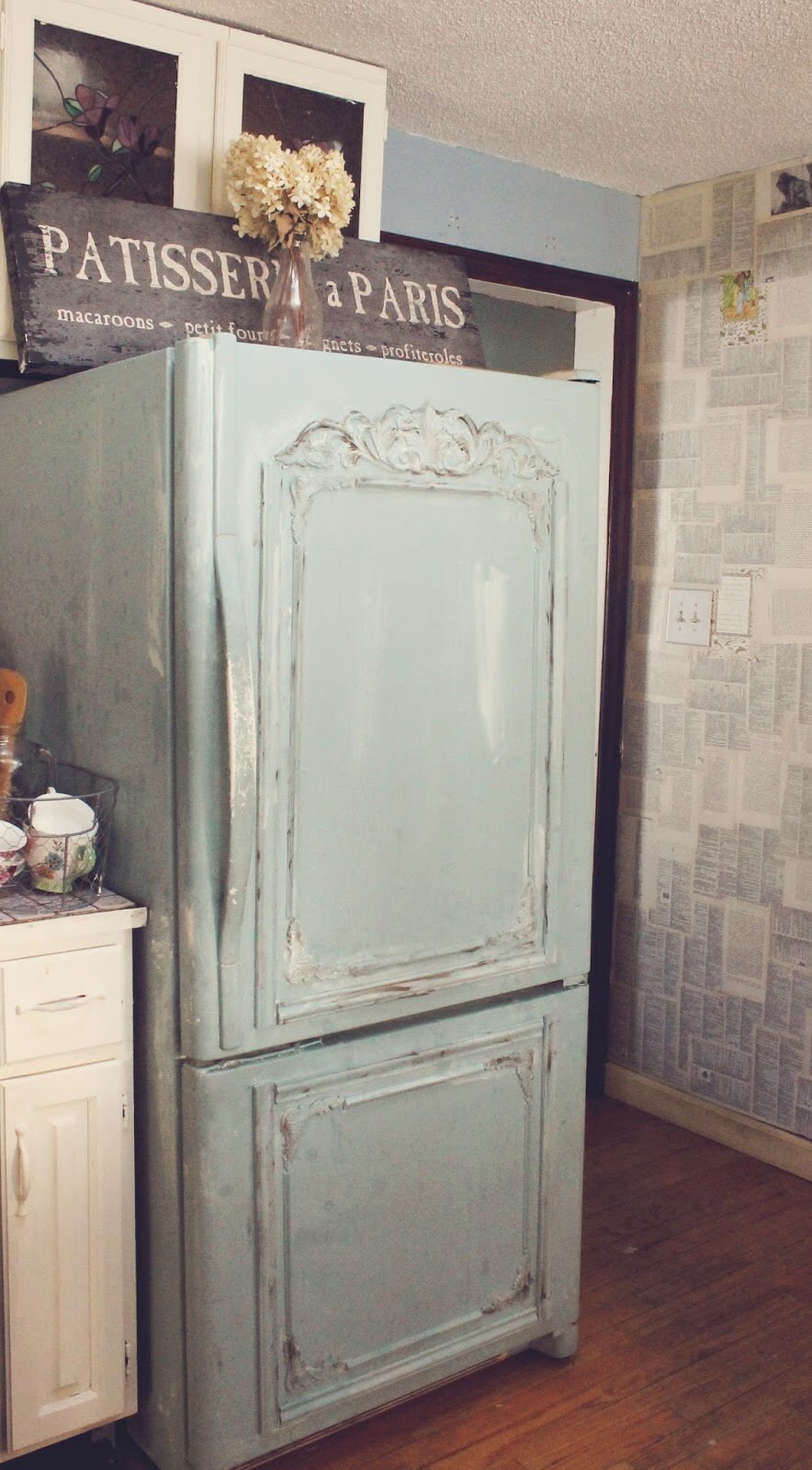 Faux Antiqued Refrigerator and Newsy Wallpaper