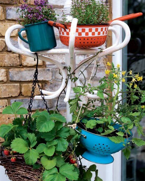 Jumbled Kitchenware Hanging from Hooks