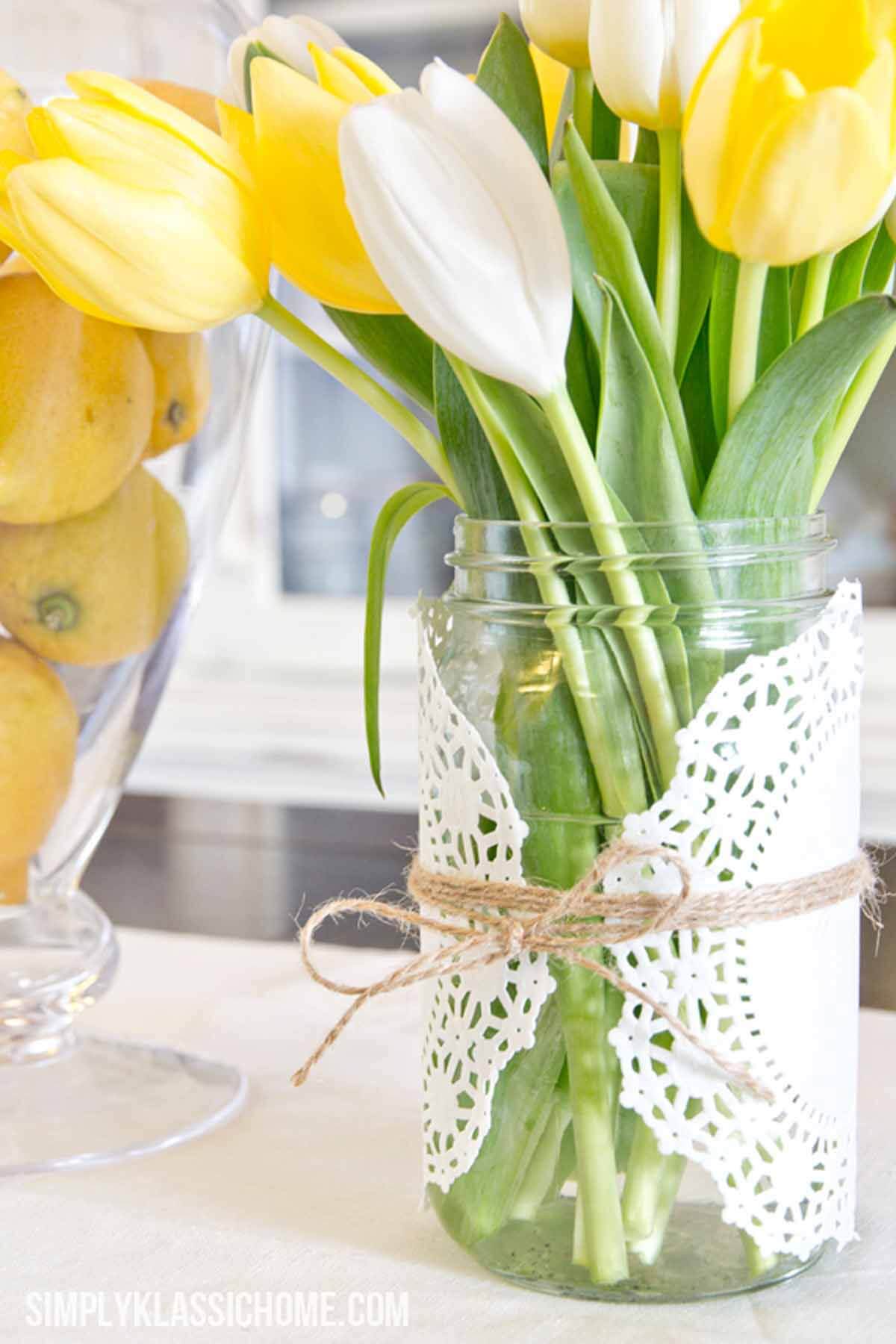 Doily Embellished Mason Jar Vases