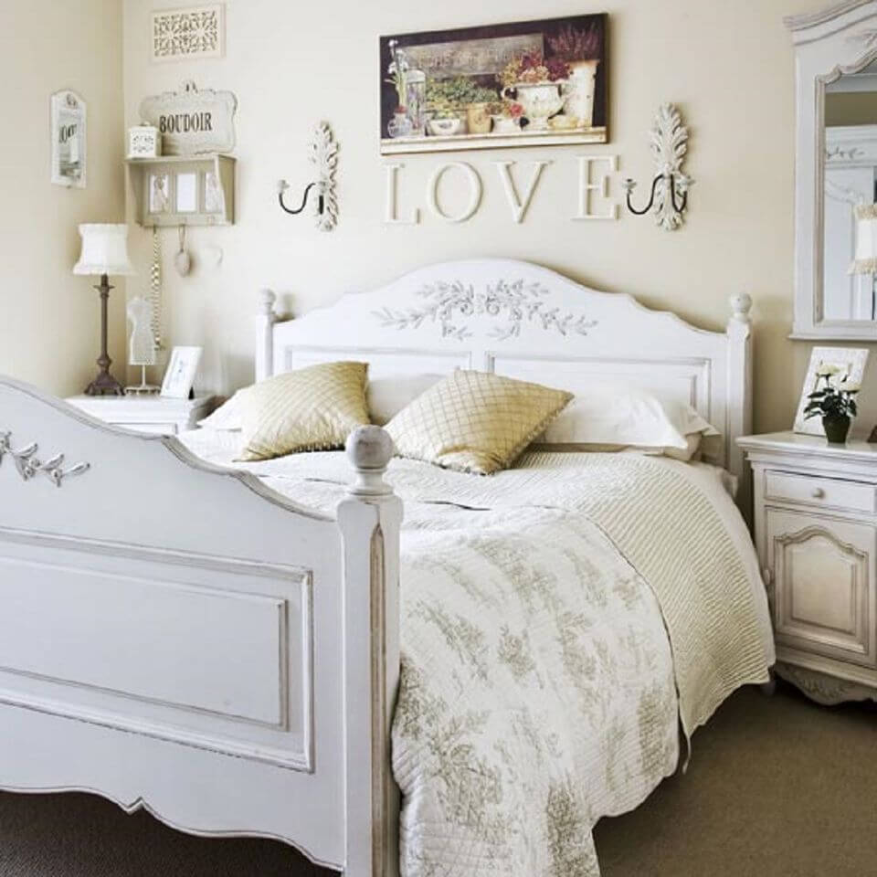 White Flowered Headboard and Wooden Letters