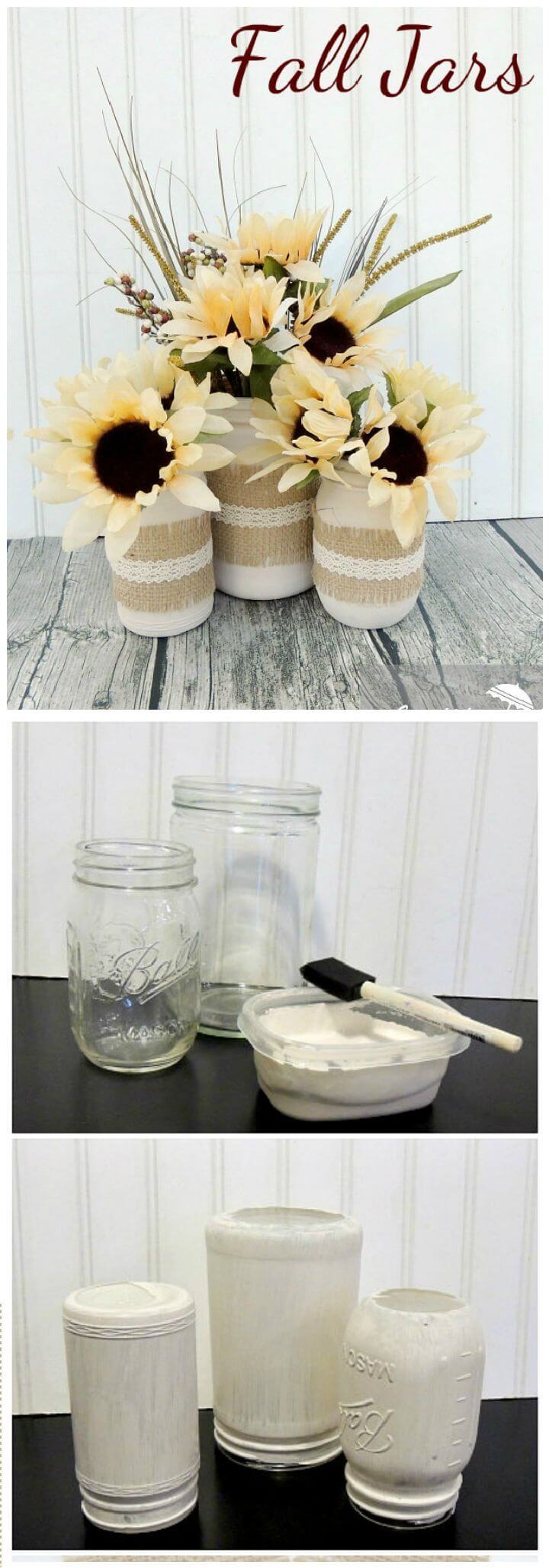 Painted White Mason Jars with Burlap