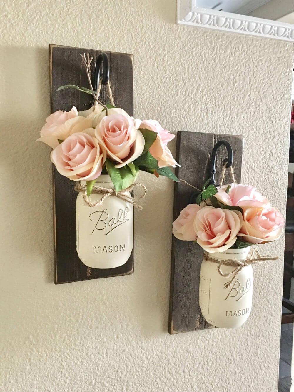 White Mason Jars on Wall Hooks