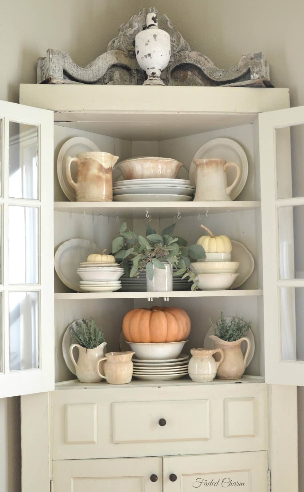 Corner Cabinet with Sage and Gourds