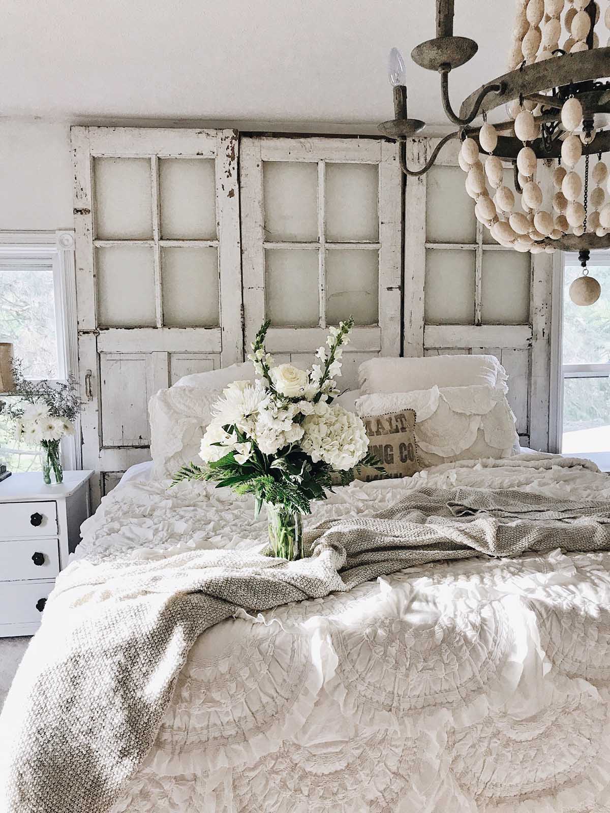 Reclaimed Doors as Headboard with Flowers