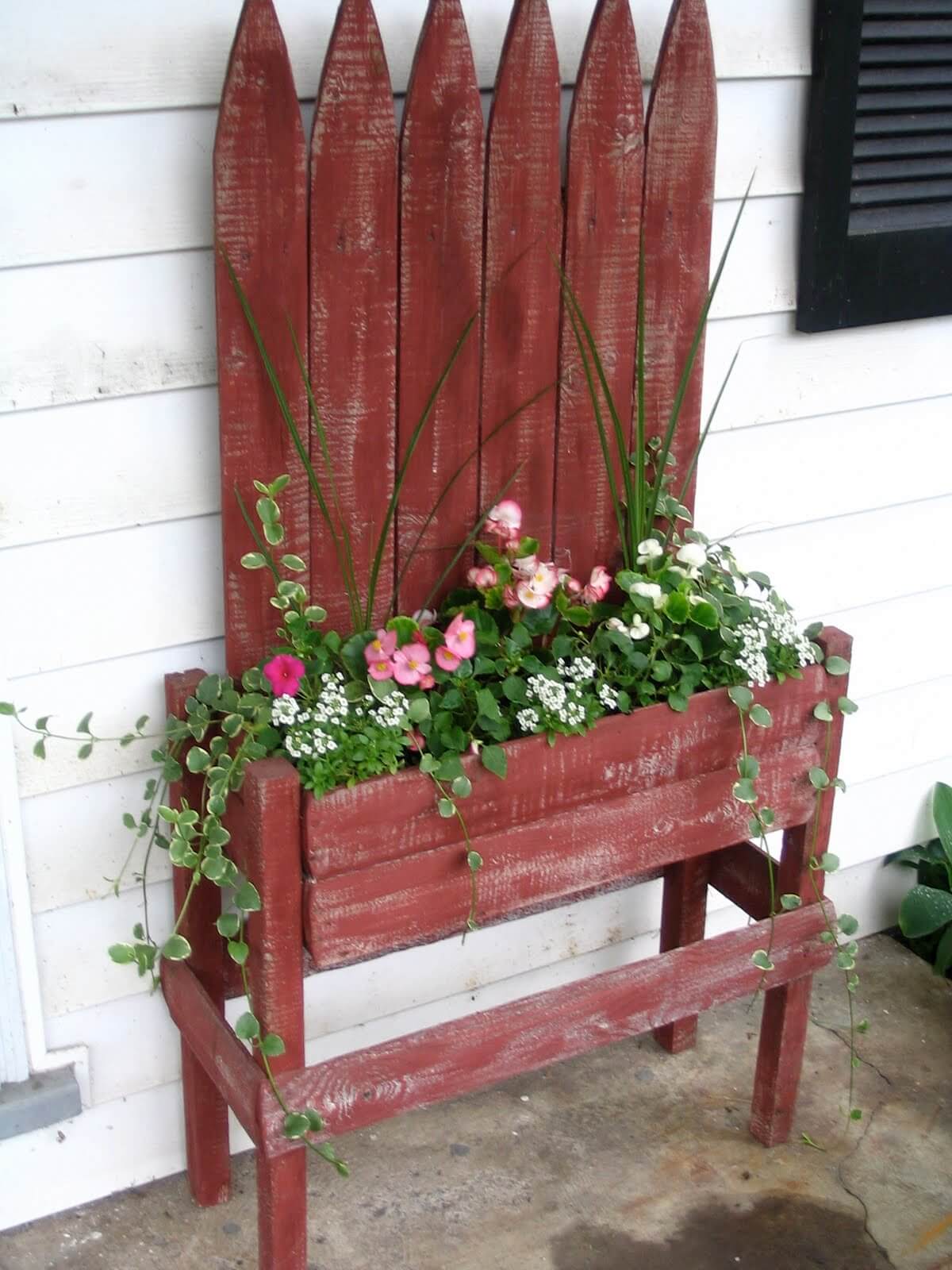 Red Picket Fence Planter with Flowers