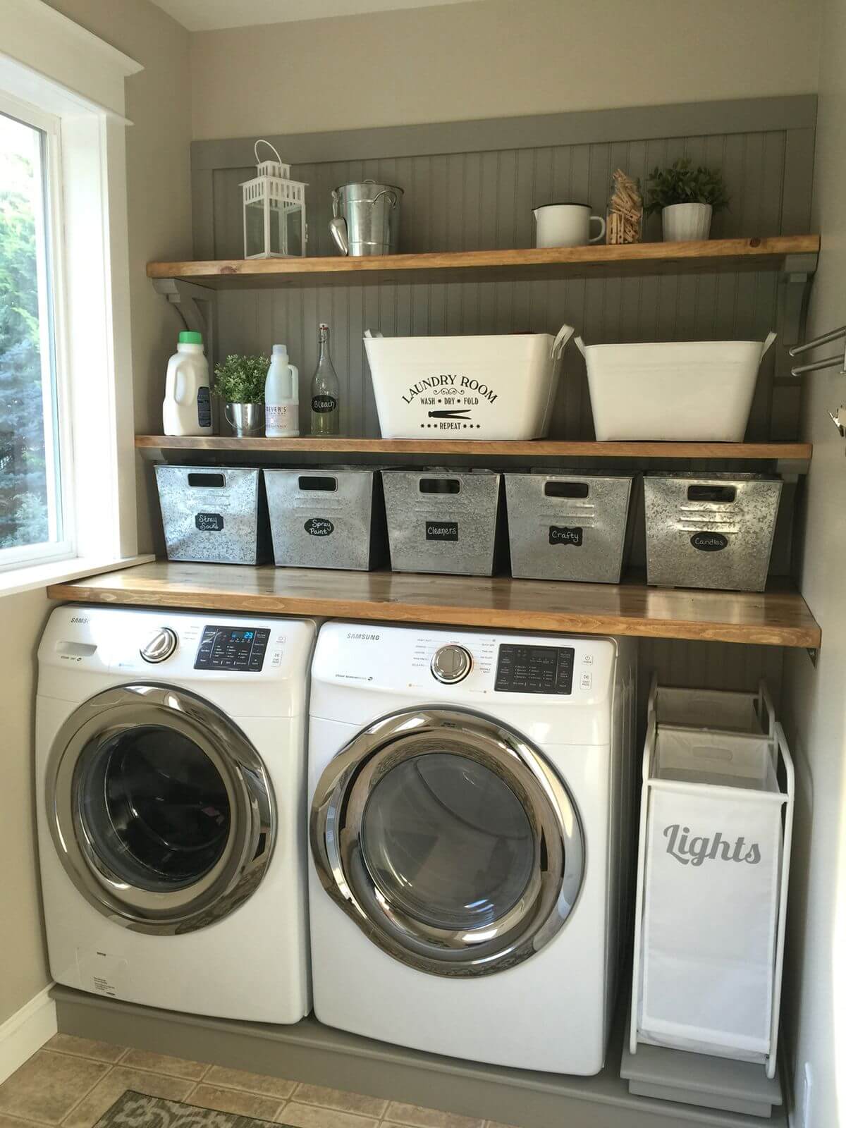 Metal Storage Buckets and Wooden Shelves