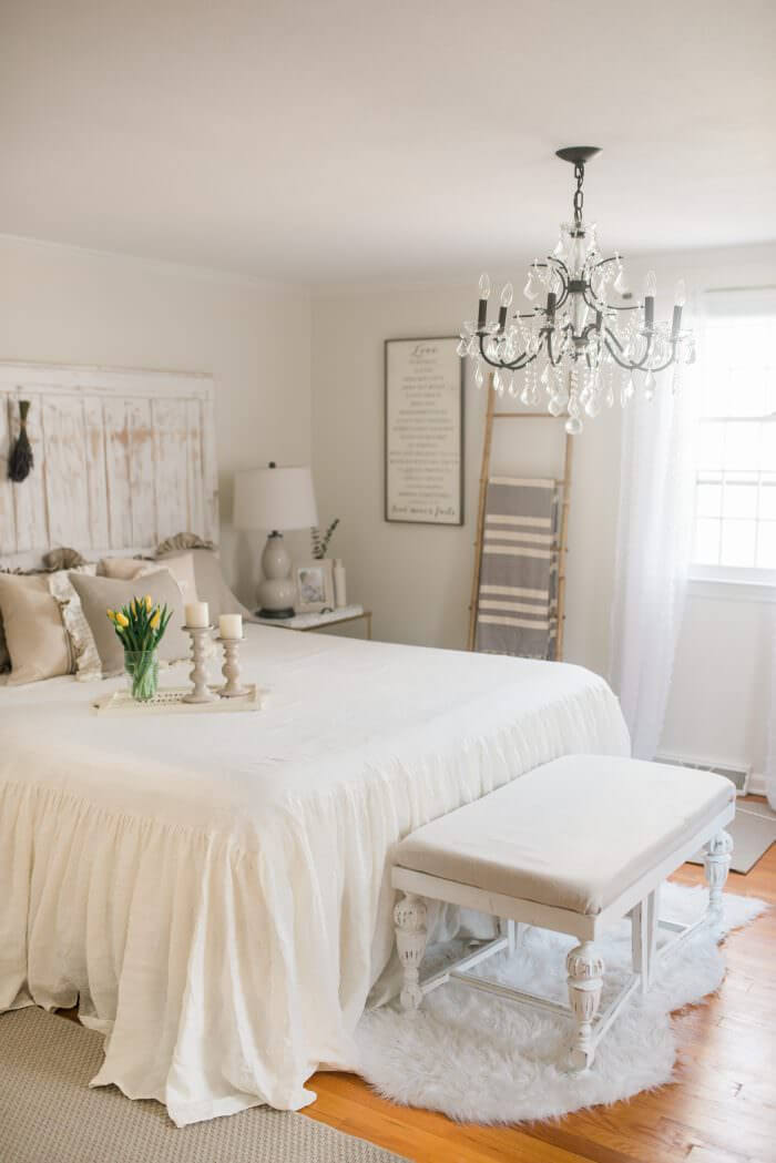 Traditional White Room with Reclaimed Headboard