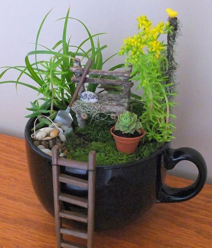 Mug with Gardening Tools, Cat, and Bench